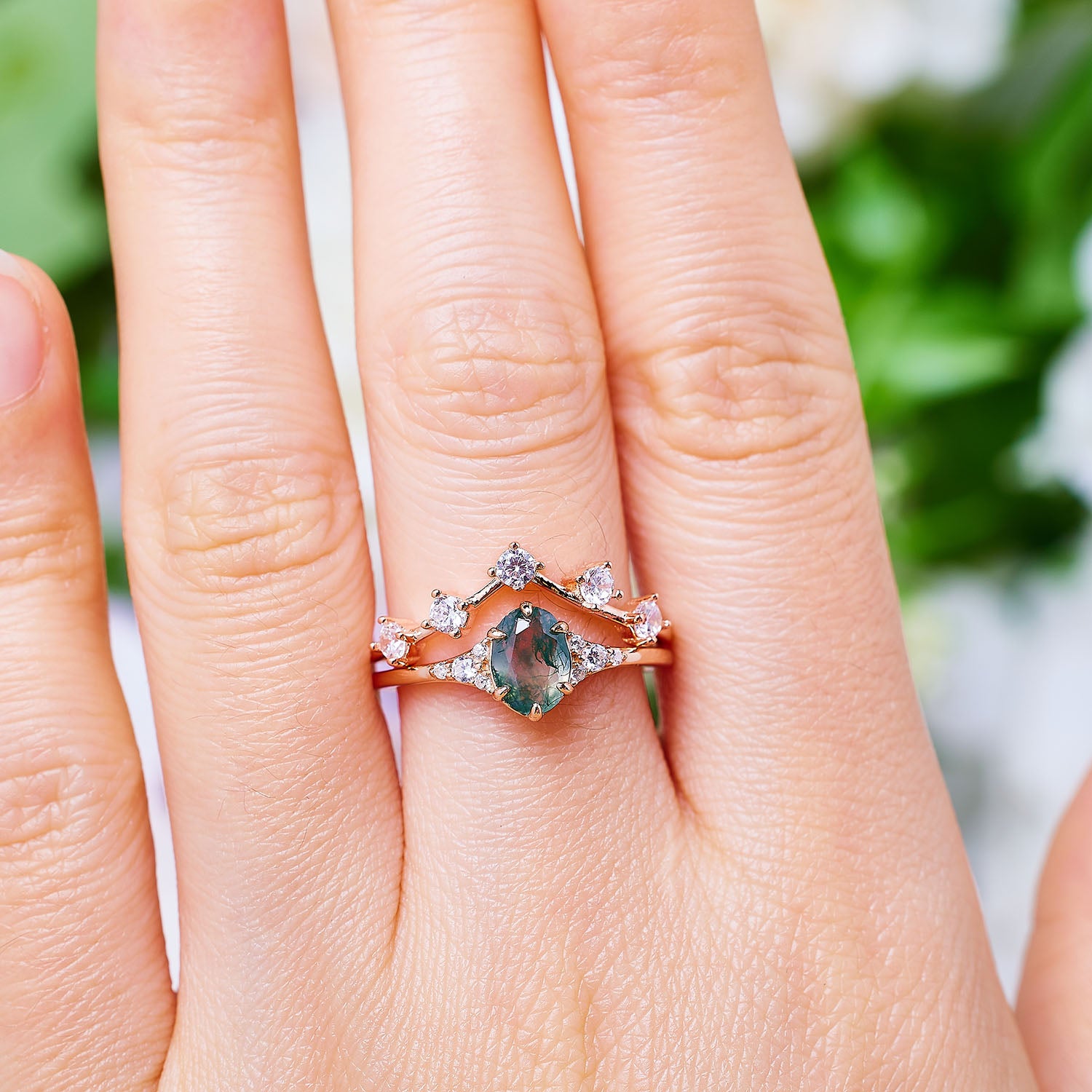Elysian Moss Agate and Starlit Ring Set