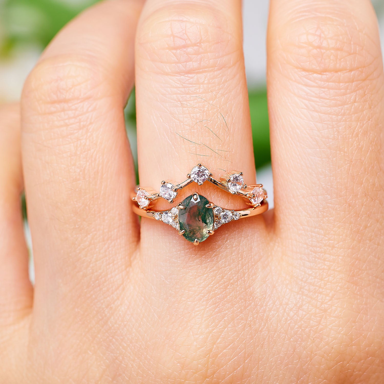 Elysian Moss Agate and Starlit Ring Set