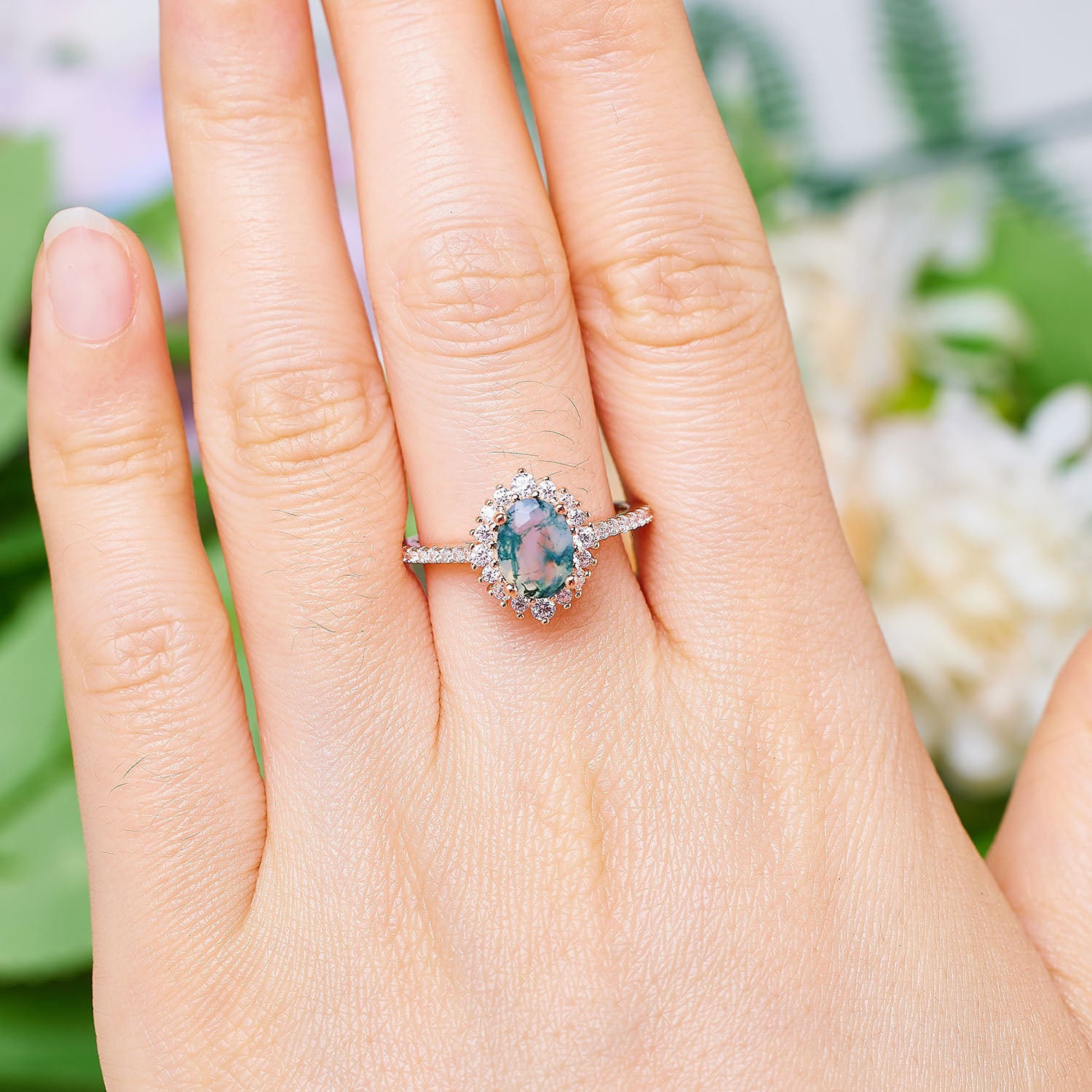 Between the Leaf Oval Moss Agate Ring