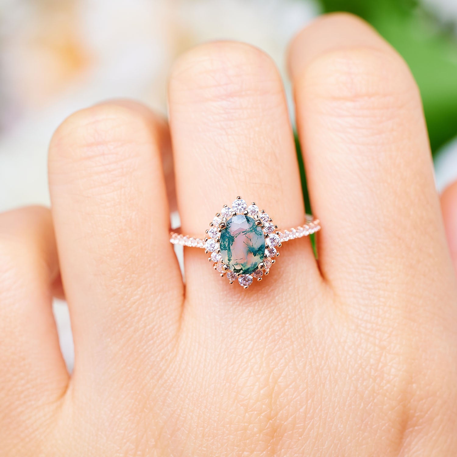 Between the Leaf Oval Moss Agate Ring