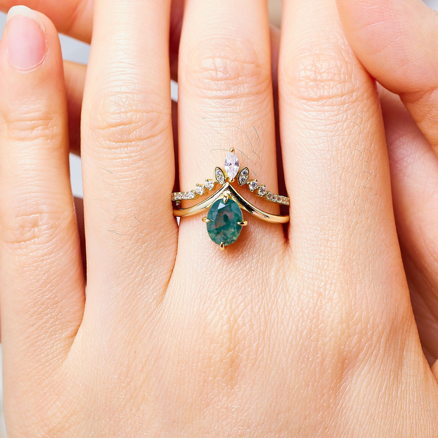 Sunpetal Moss Agate Stacking Set Ring
