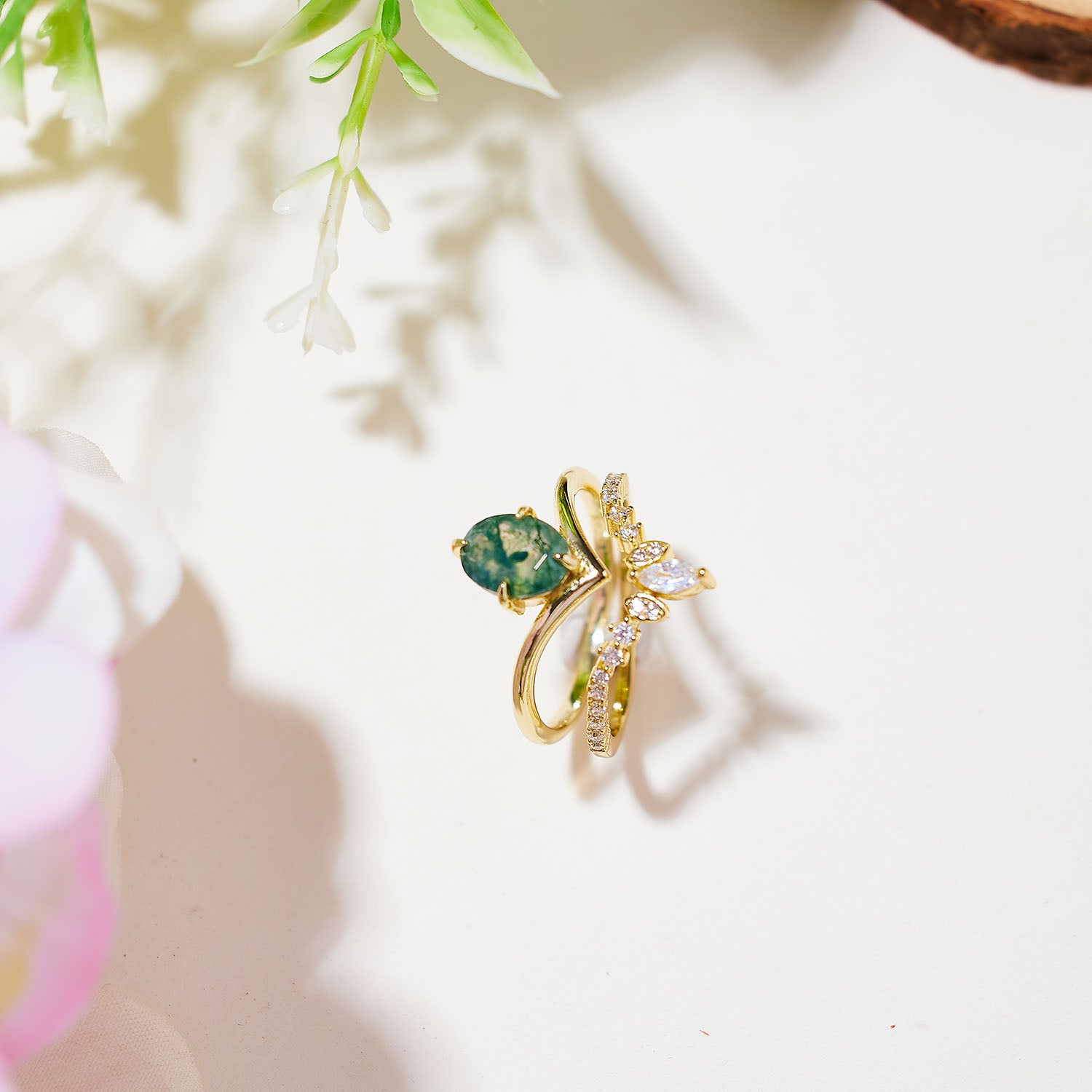 Sunpetal Moss Agate Stacking Set Ring