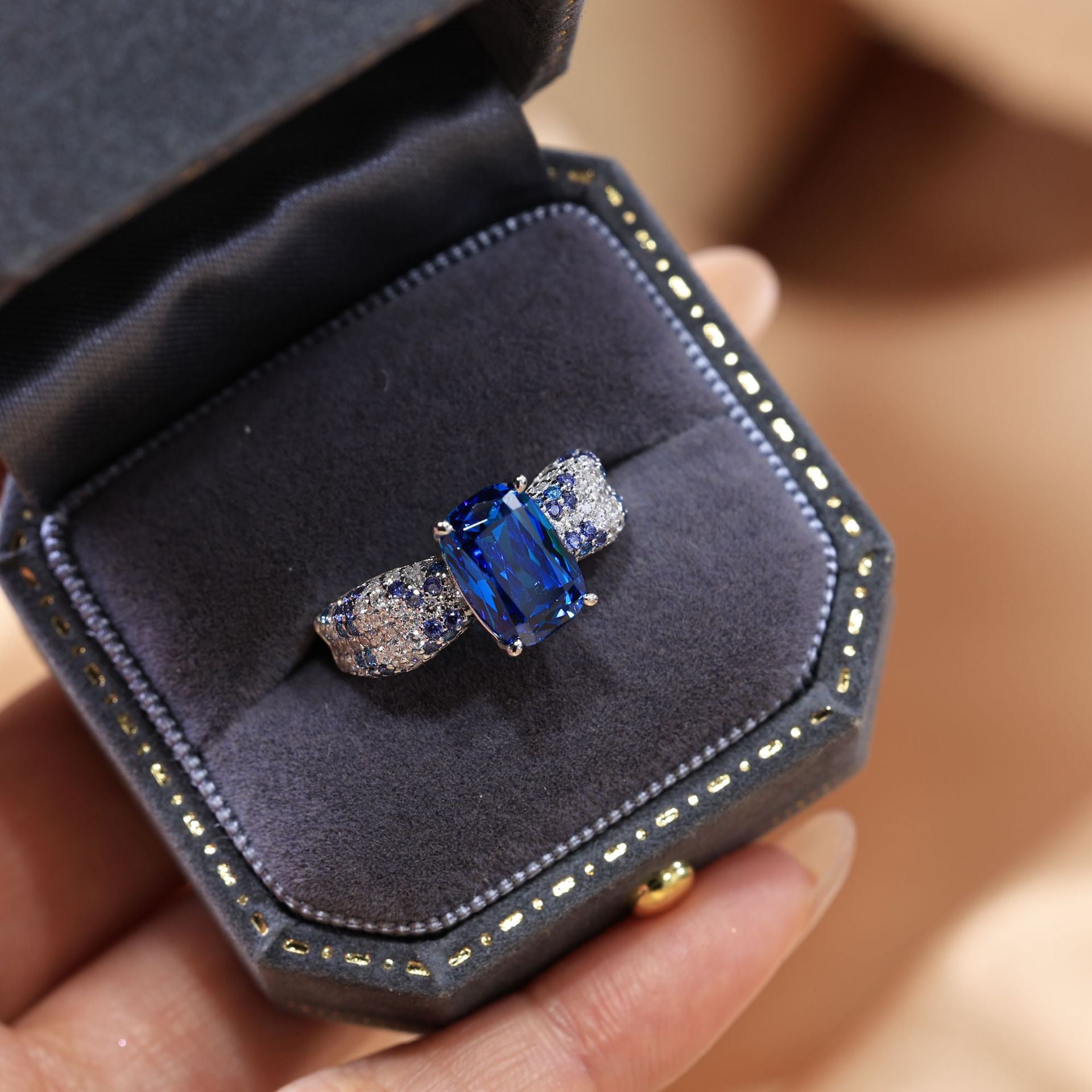 Midnight Aura Cushion Cut Sapphire Ring