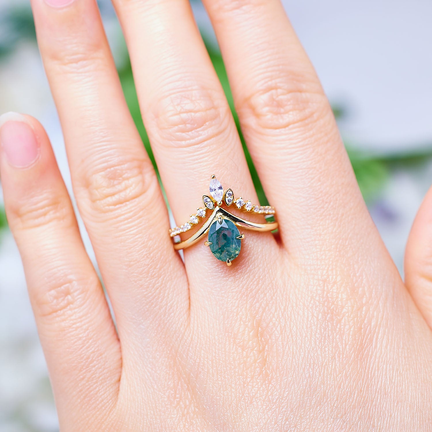 Sunpetal Moss Agate Stacking Set Ring