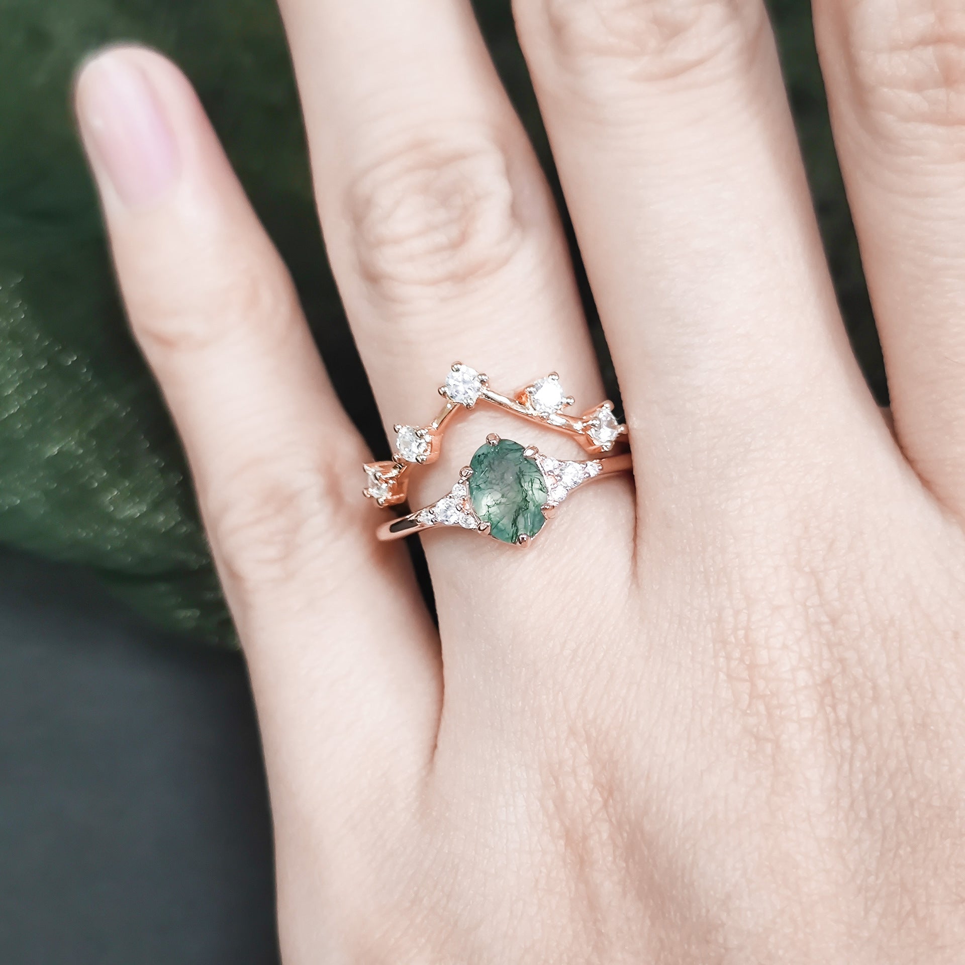 Woodland and Victorian Lace Moss Agate Ring Set